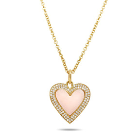 14k yellow gold heart shaped pink opal gemstone double diamond pave halo pendant necklace