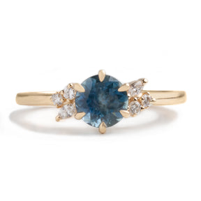1.06ct round cut teal Australian sapphire 6 prong diamond cluster side stones 14k yellow gold engagement ring