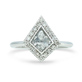 0.77ct rose cut gray kite shaped diamond ring with a white diamond halo 14k white gold