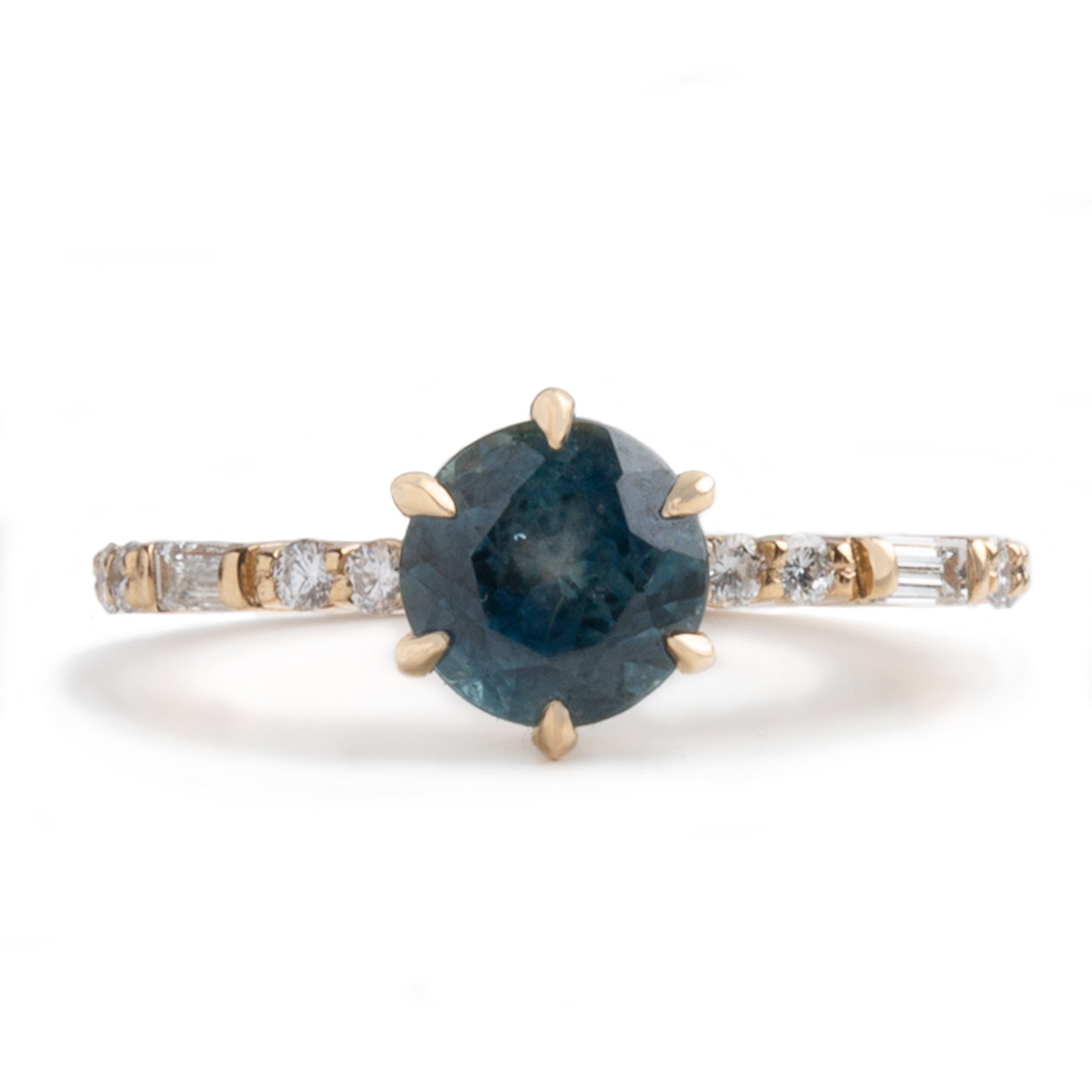 1.85ct round cut Montana blue sapphire 6 prong baguette and round diamond band 14k yellow gold engagement ring