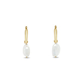 14k gold small hoop earrings with small slender Biwa pearl dangles
