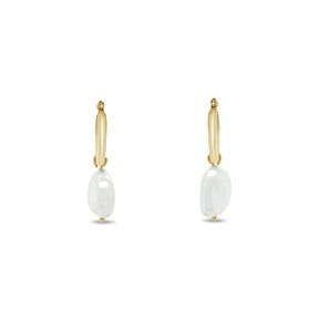 14k gold small hoop earrings with small slender Biwa pearl dangles