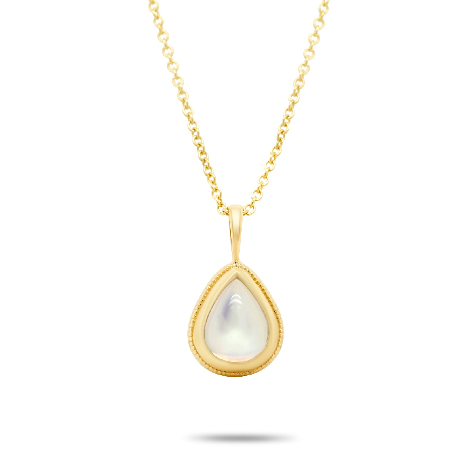 bezel set pear shape moonstone milgrain detailing pendant 14k yellow gold necklace