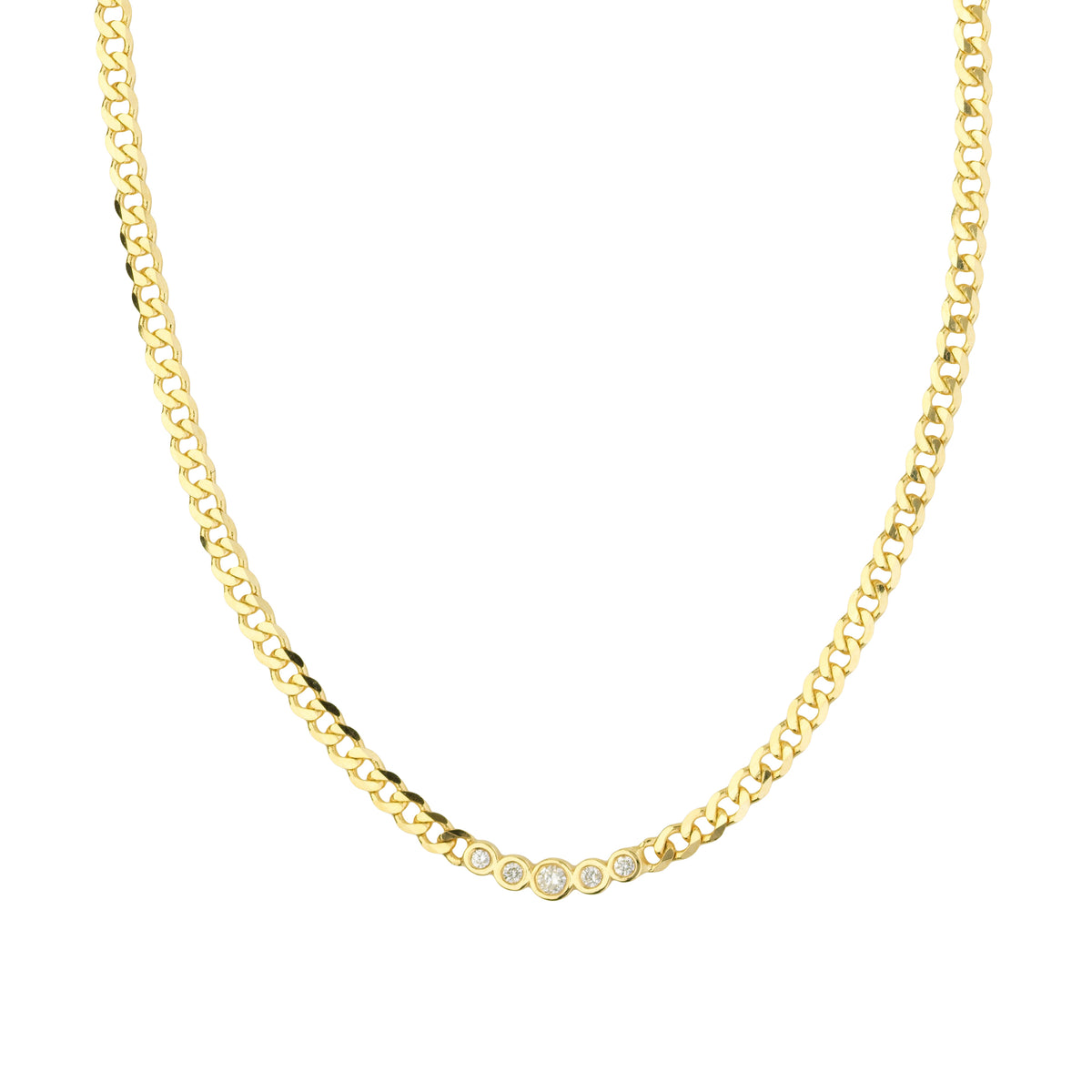 14k yellow gold 18inch curb link chain with five round bezel set diamonds 