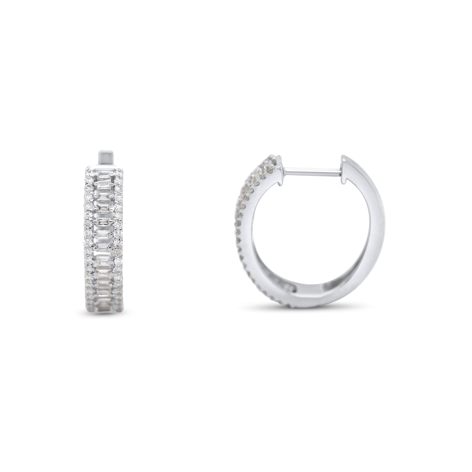 14k white gold baguette and round diamond small modern estate hoop earrings