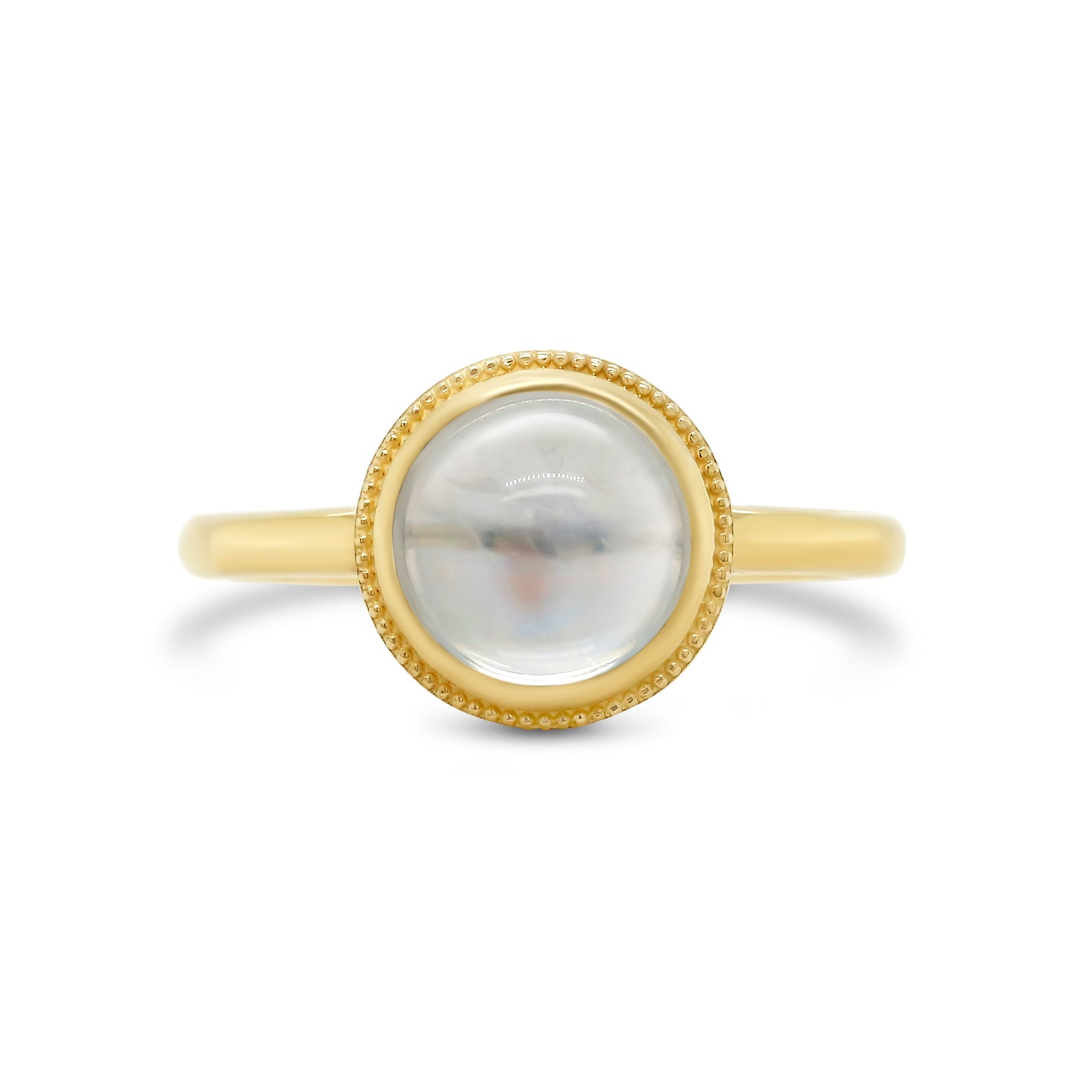 bezel set round moonstone milgrain halo detailing 14k yellow gold ring