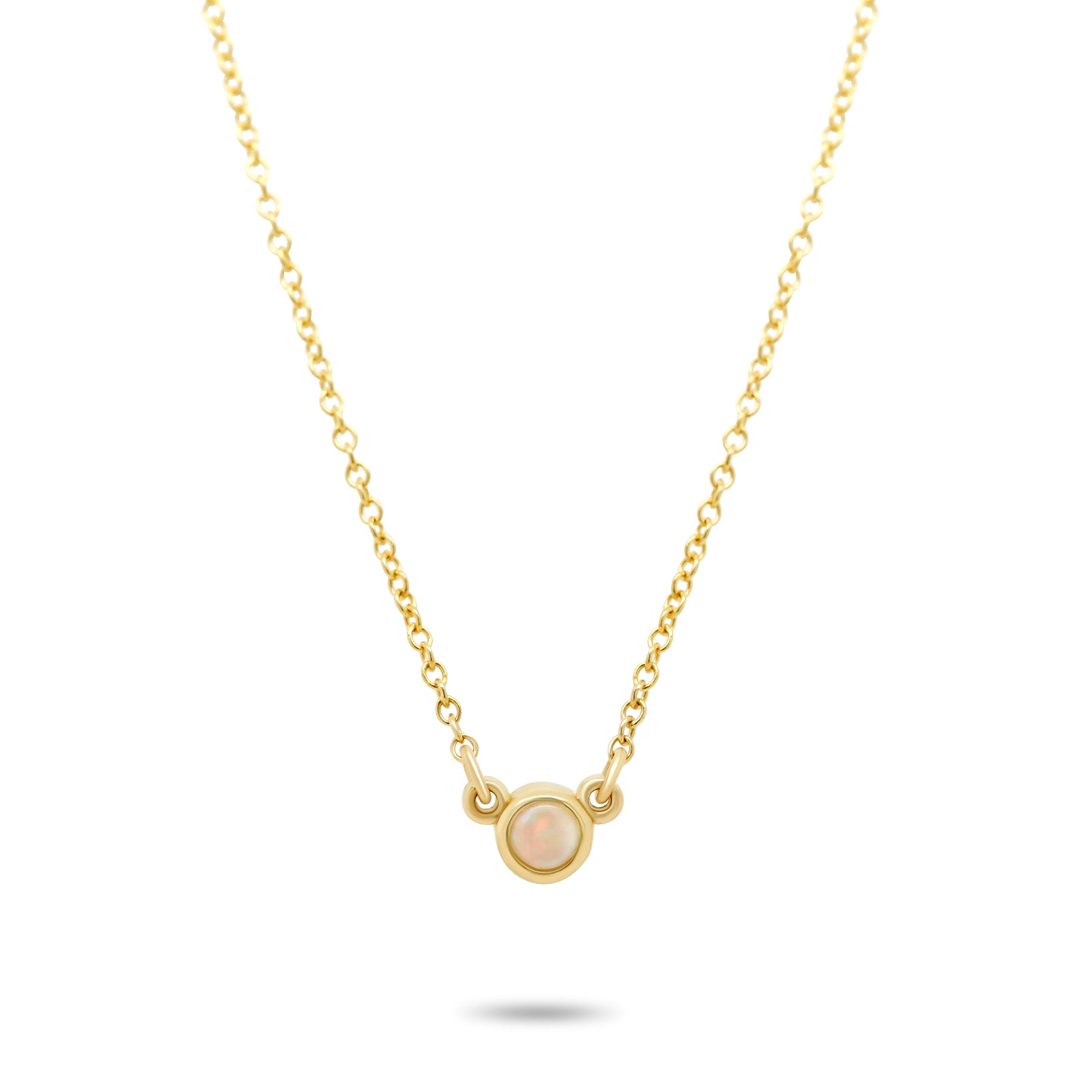 dainty bezel set round opal 14k yellow gold necklace