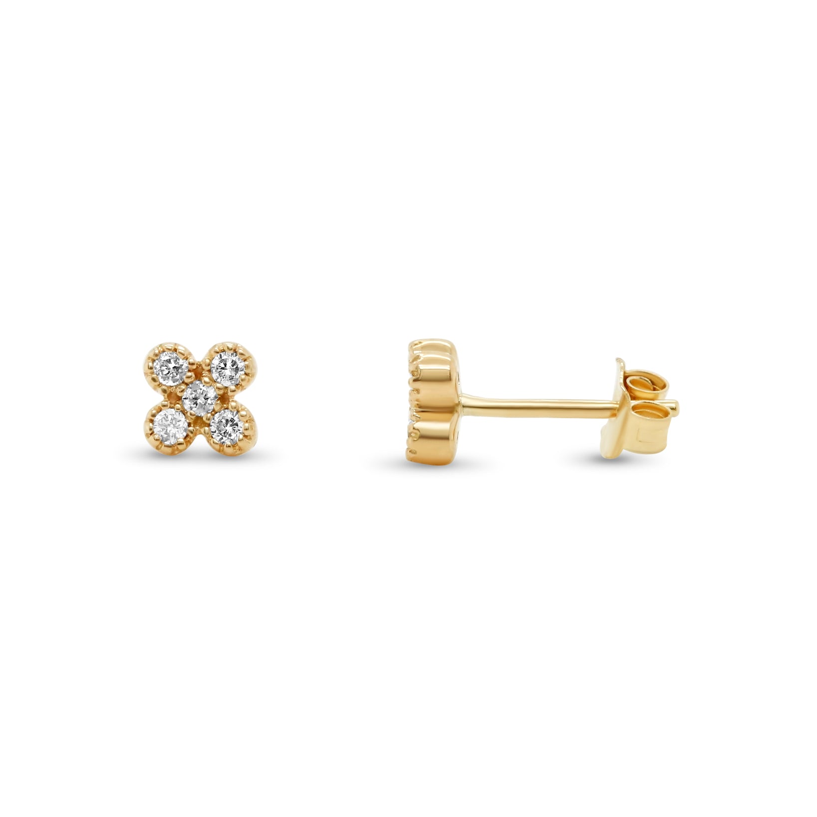 14k yellow gold five diamond cluster milgrain stud earrings