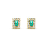 14k yellow gold emerald with rectangle diamond pave halo stud earrings