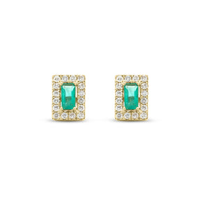 14k yellow gold emerald with rectangle diamond pave halo stud earrings