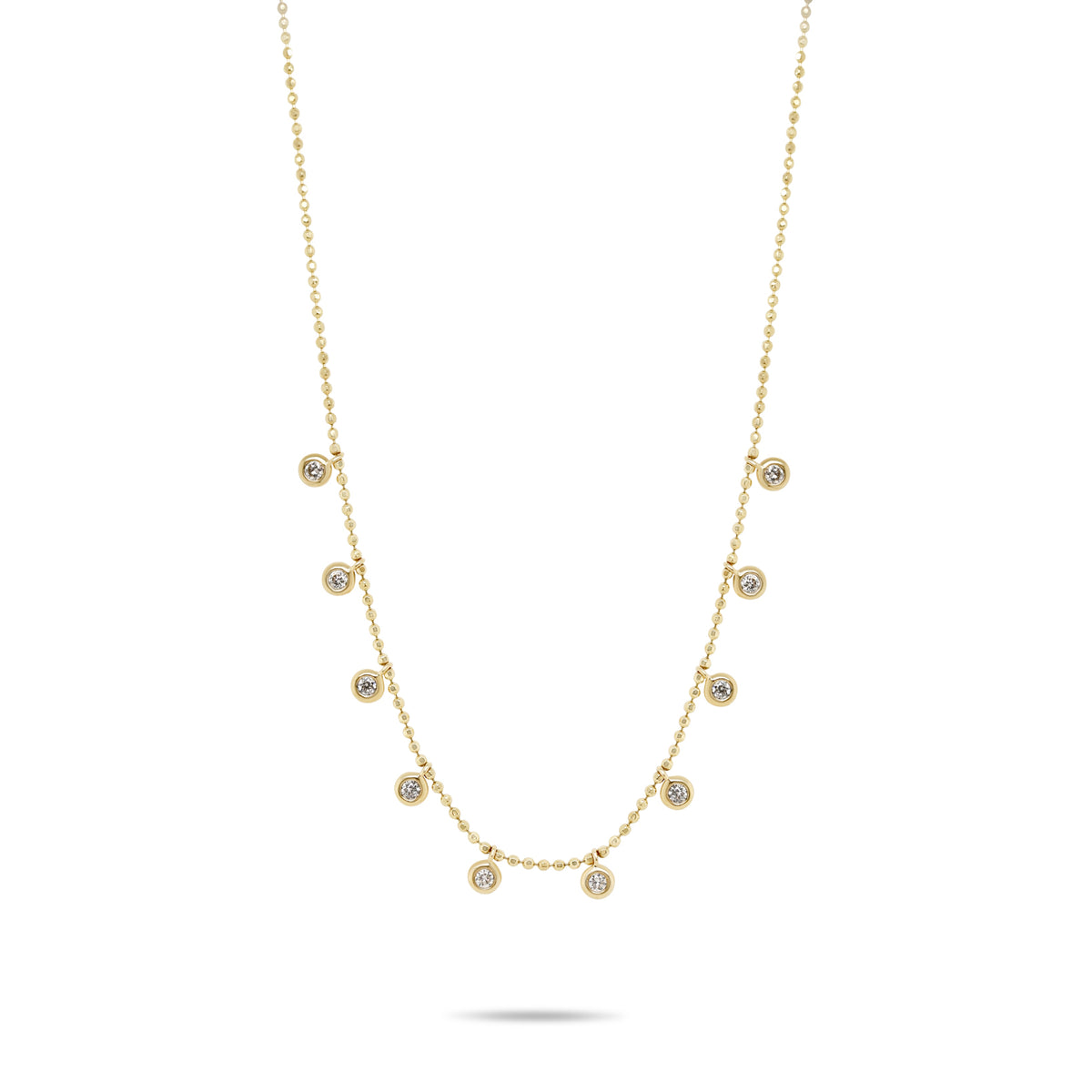 14k yellow gold diamond bead cut chain with bezel set diamond dangle charms necklace
