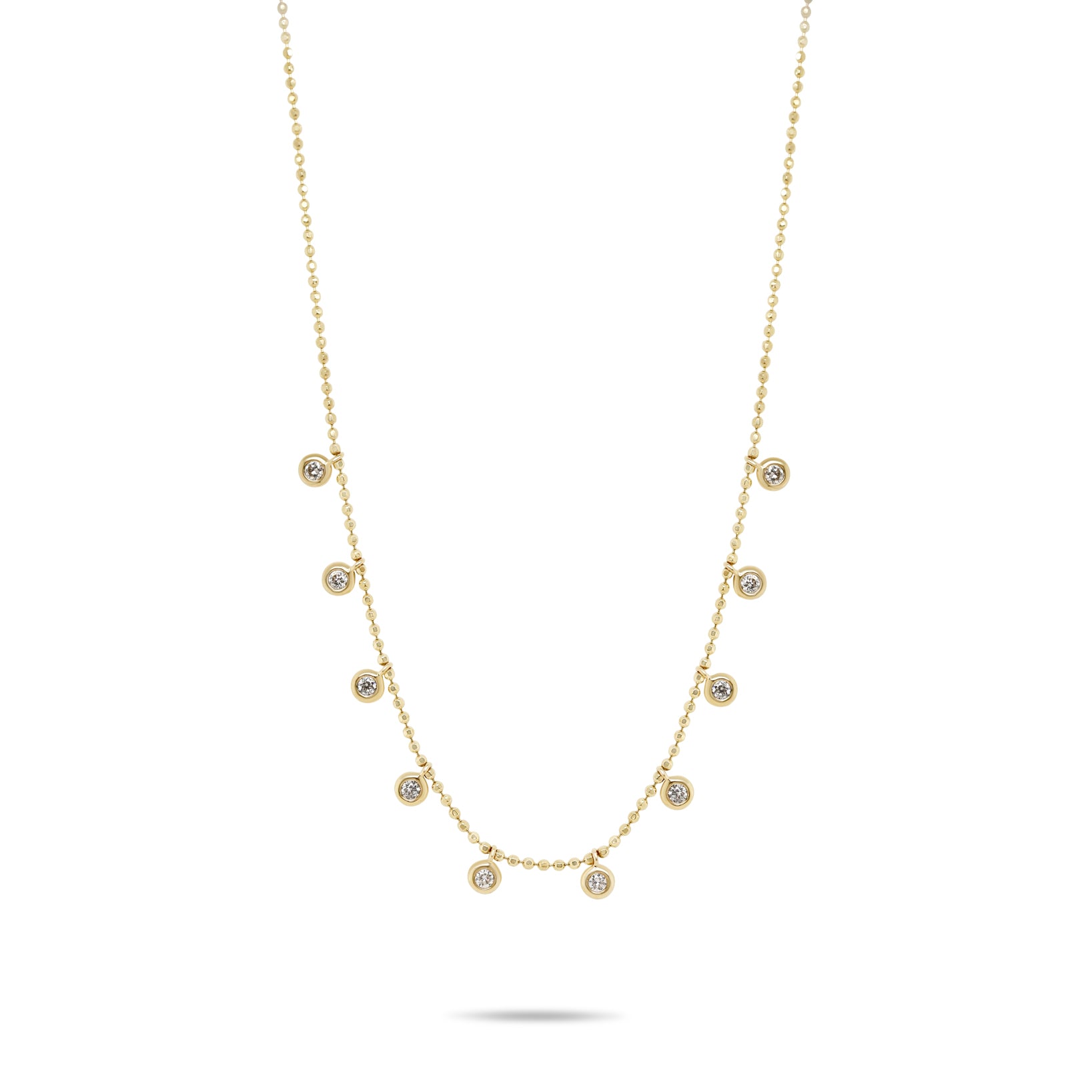 14k yellow gold diamond bead cut chain with bezel set diamond dangle charms necklace