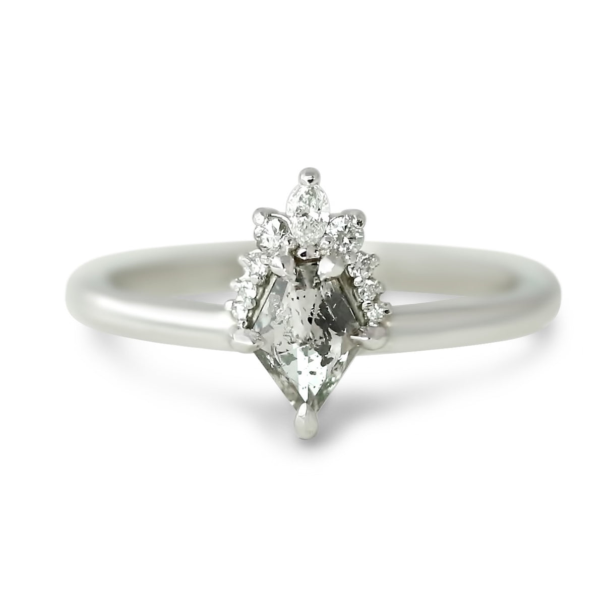 14k white gold rose cut gray kite diamond with marquise diamond halo