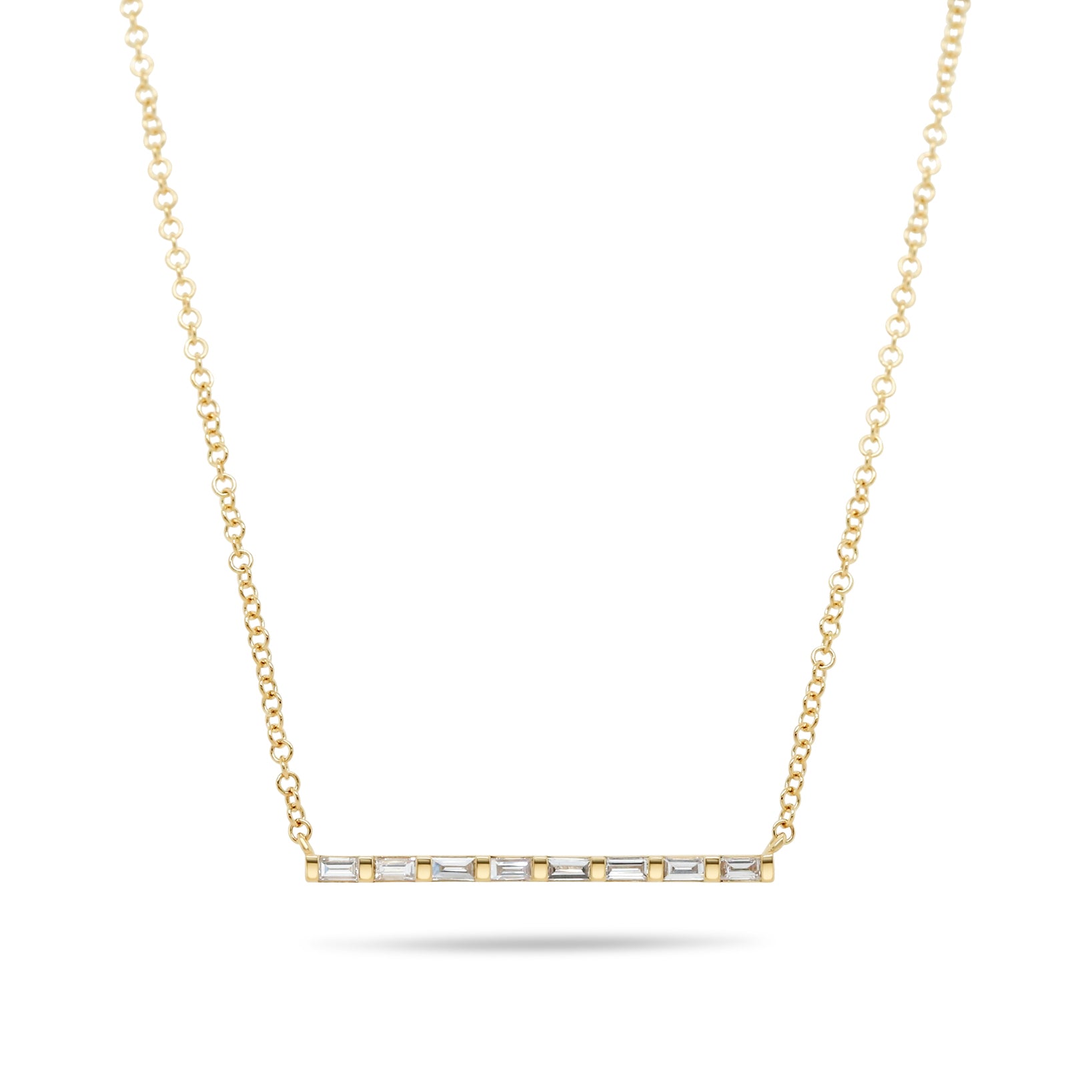 14k yellow gold bar necklace with bar set baguette diamonds