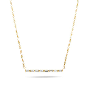 14k yellow gold bar necklace with bar set baguette diamonds