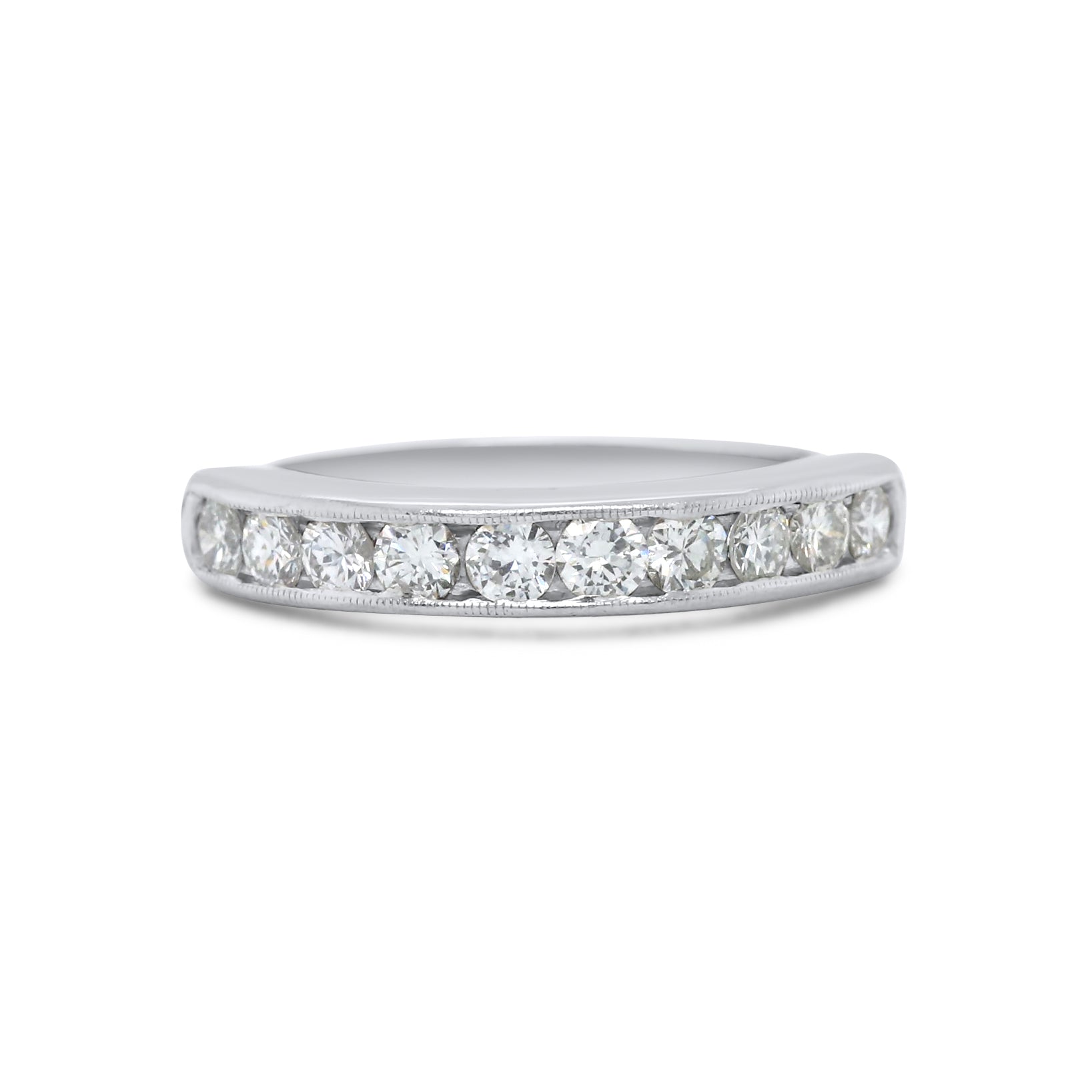 platinum 10 diamond channel set estate wedding band ring with milgrain detailing