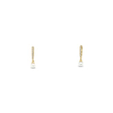 14k yellow gold diamond pave huggie hoop earrings with pearl dangle