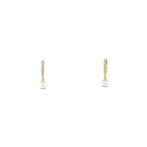 14k yellow gold diamond pave huggie hoop earrings with pearl dangle