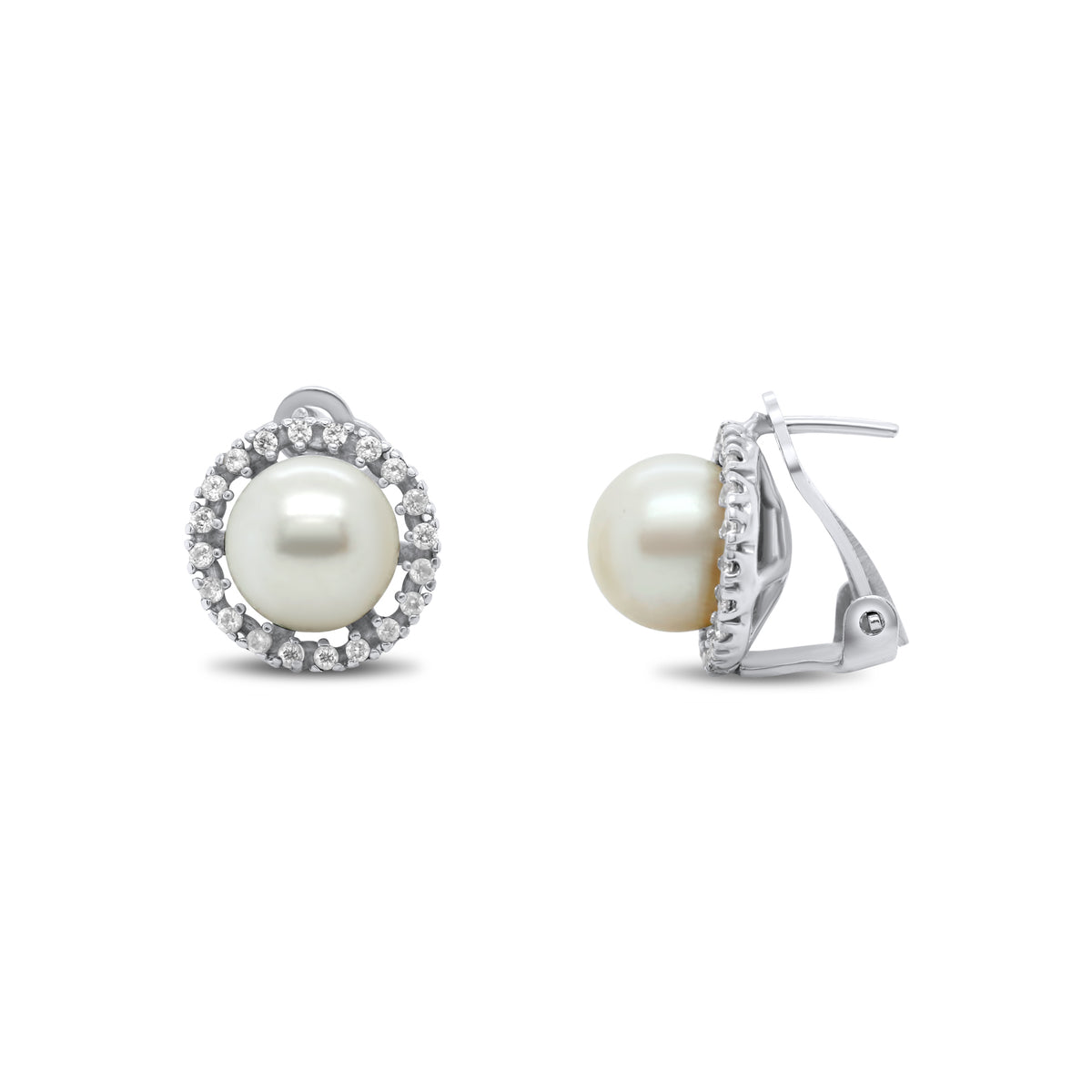 14k white gold pearl diamond halo stud estate earrings