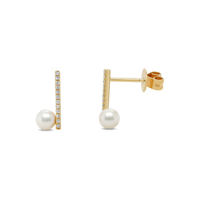 14k yellow gold and diamond pave bar stud earrings with pearl 