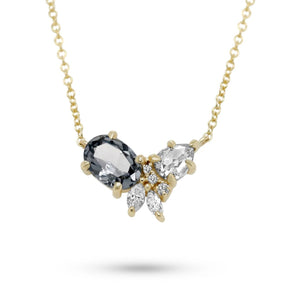 14k yellow gold 16in long chain cluster necklace with .85ct oval purple spinel, round gray diamond, and smaller round cut and marquise cut diamonds