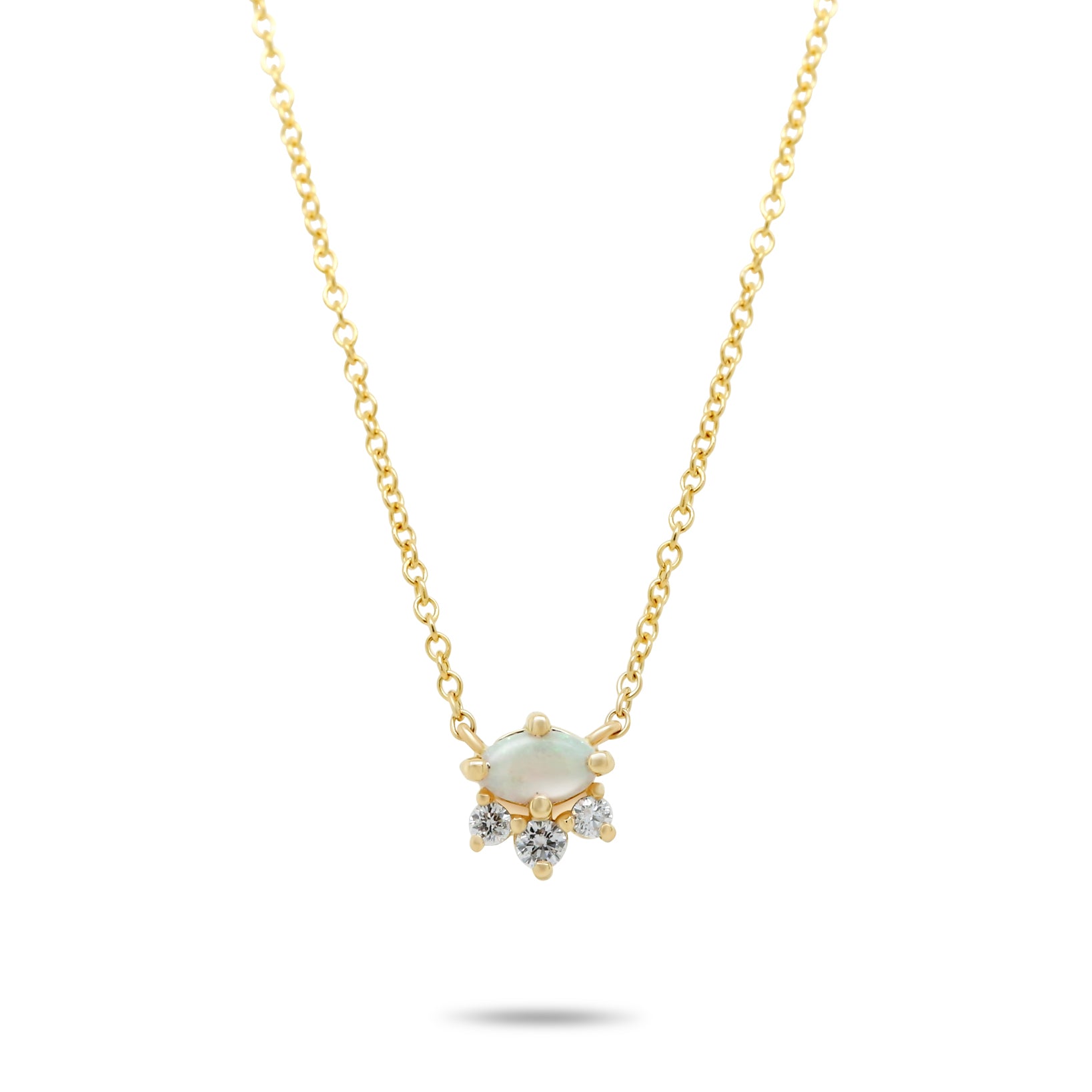 dainty east west oval opal three diamond accent 14k yellow gold necklace