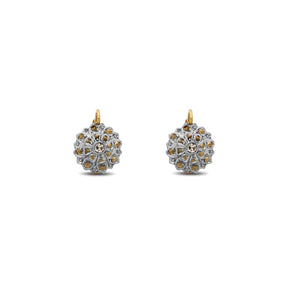14k yellow and white gold estate dangle earrings antique rose cut diamond flower bead milgrain detailing