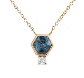 0.70ct hexagon shape Montana sapphire bezel set accent diamond pendant necklace