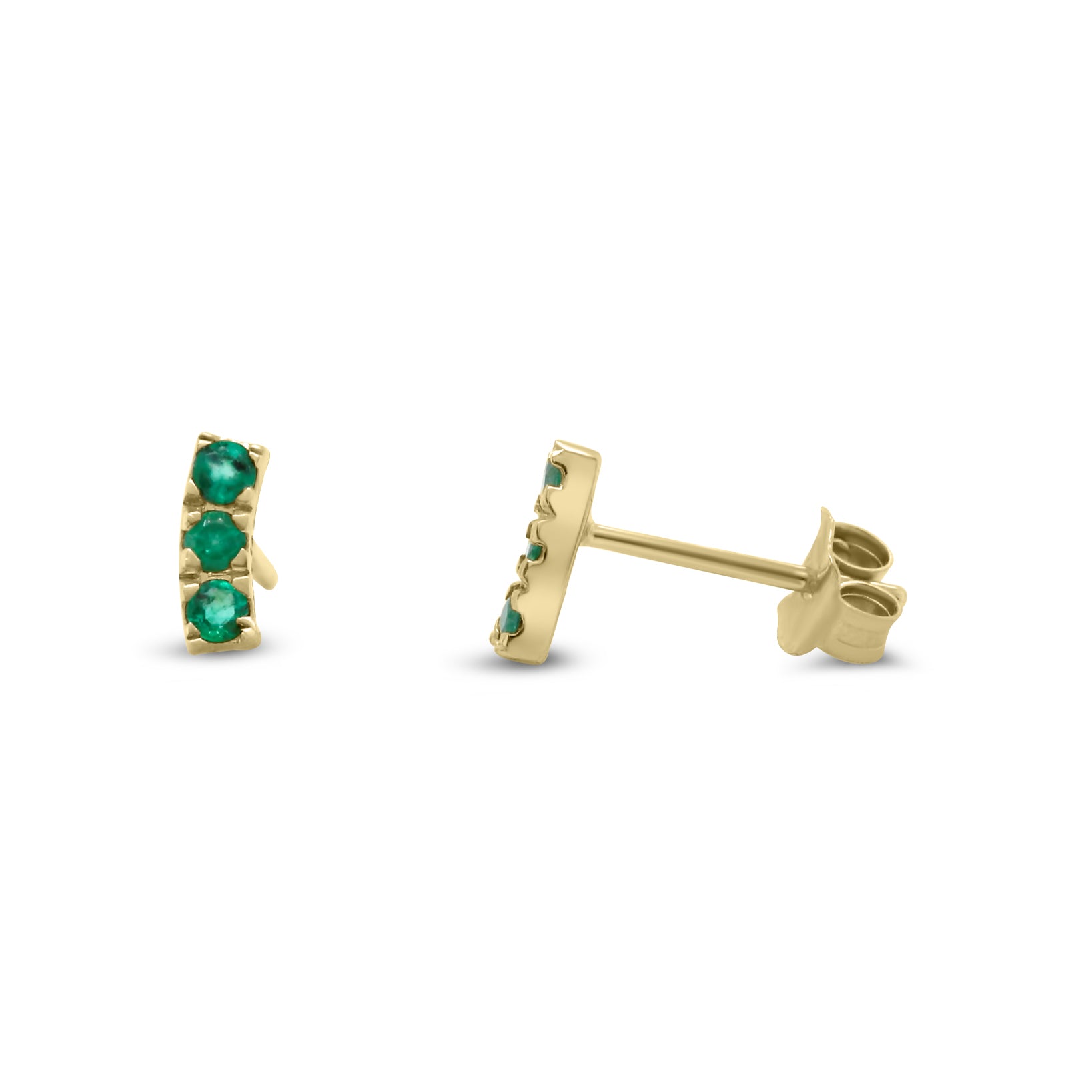 14k yellow gold three-gemstone curve bar stud earrings emerald ruby sapphire