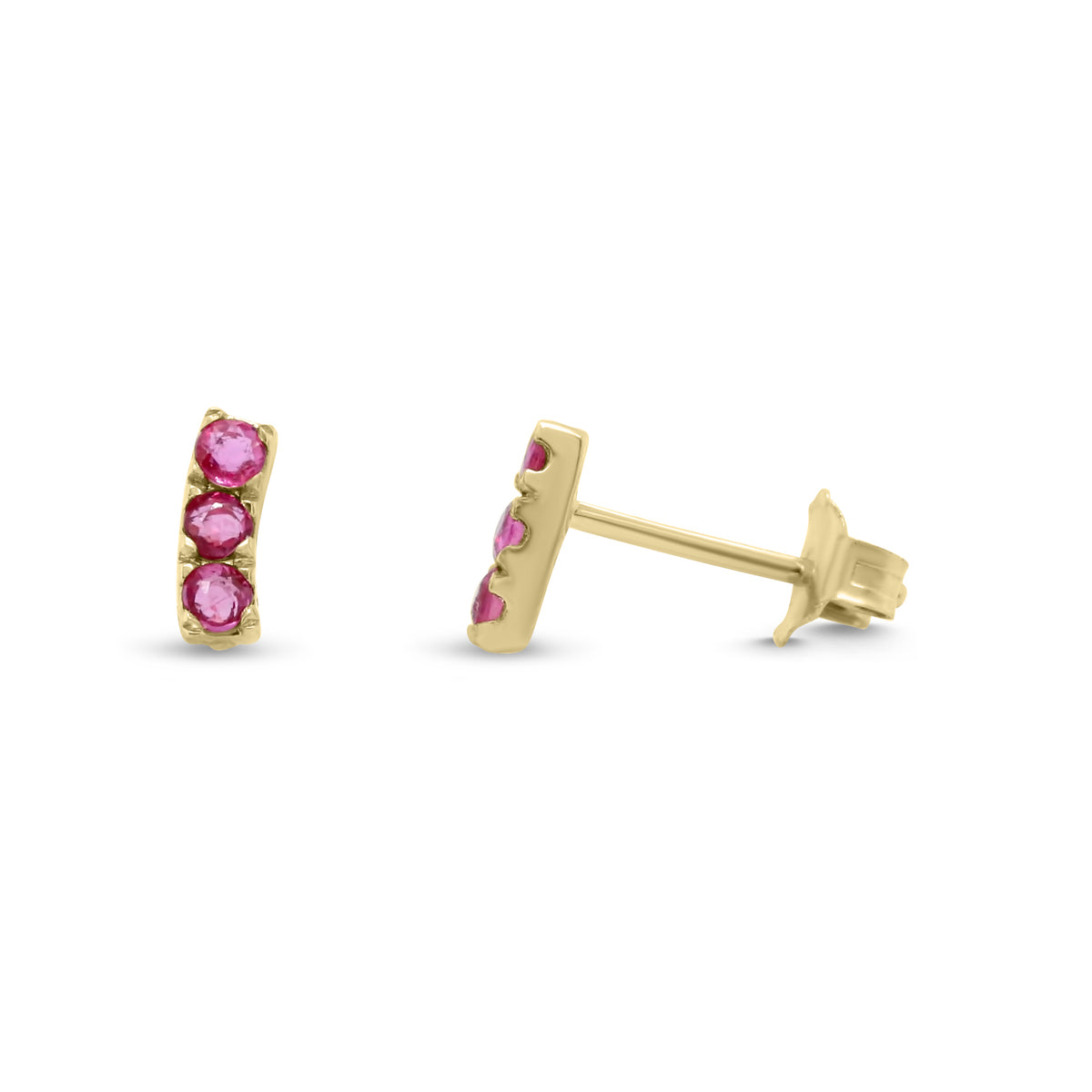 14k yellow gold three-gemstone curve bar stud earrings emerald ruby sapphire