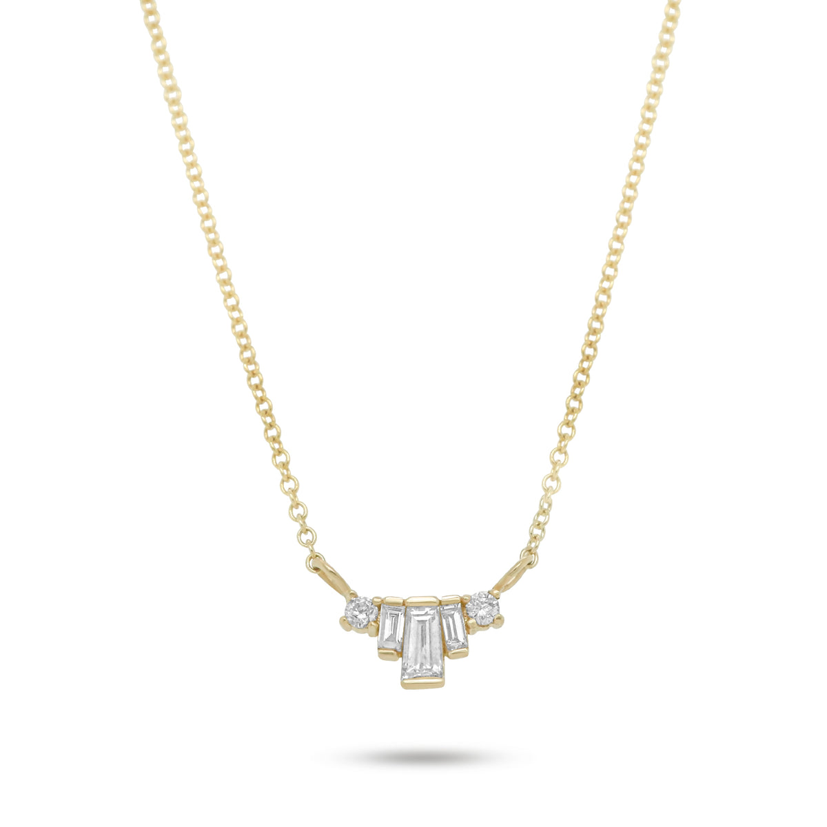 14k yellow gold 16in necklace with baguette and round cut diamonds