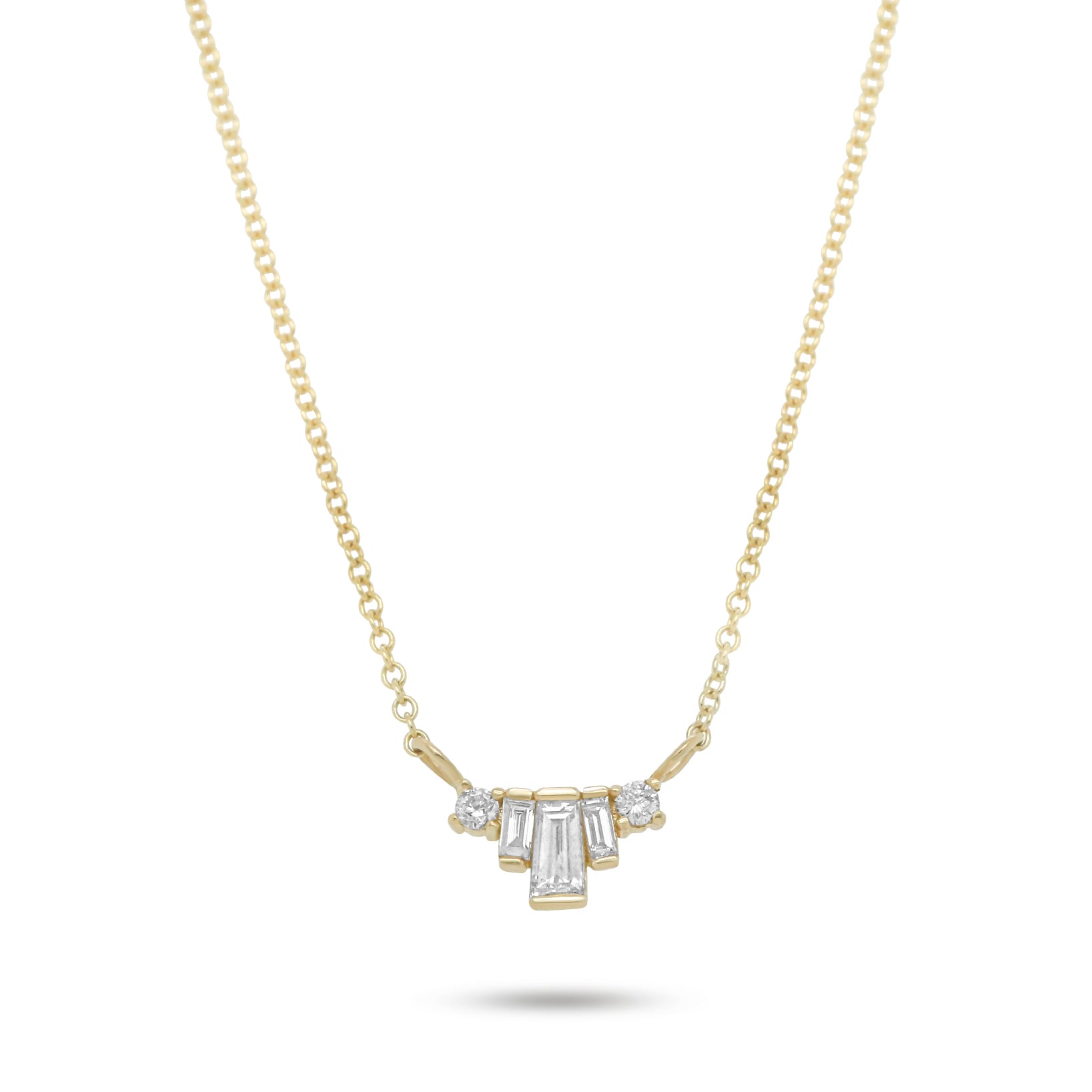 14k yellow gold 16in necklace with baguette and round cut diamonds