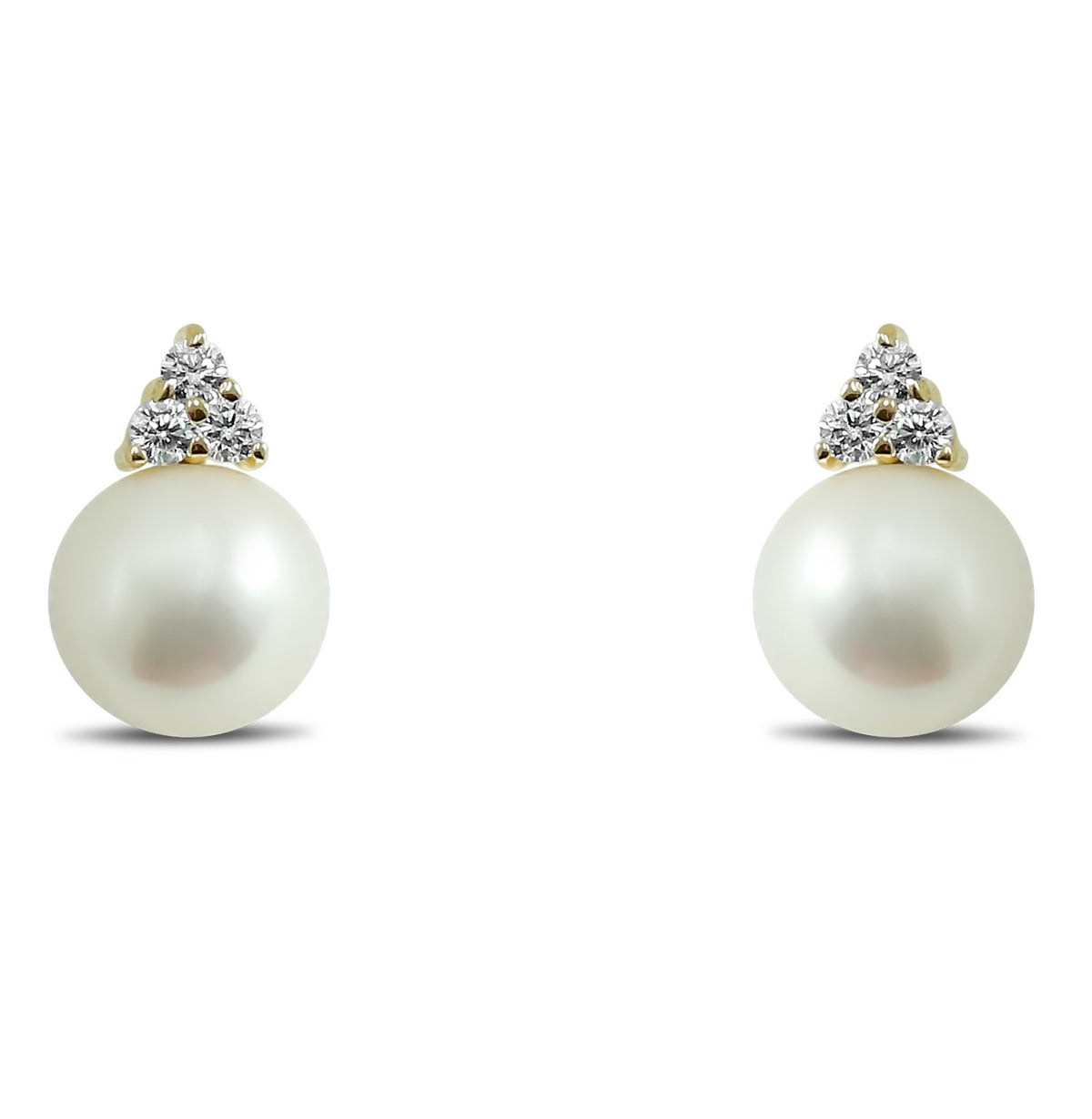 14k yellow gold 7mm pearl stud earrings with 1/8tcw diamonds 