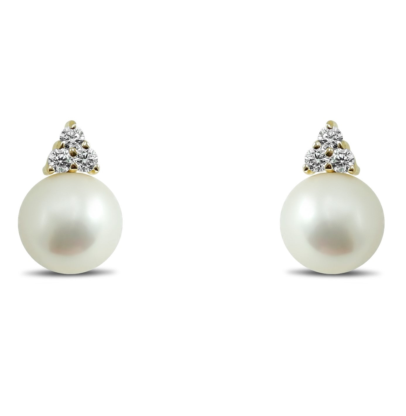 14k yellow gold 7mm pearl stud earrings with 1/8tcw diamonds 