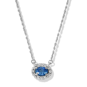 14k white gold oval light blue sapphire necklace with a matching white diamond halo under $1000