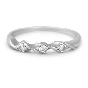 14k white gold estate wedding band with three single cut diamonds and unique twist detail