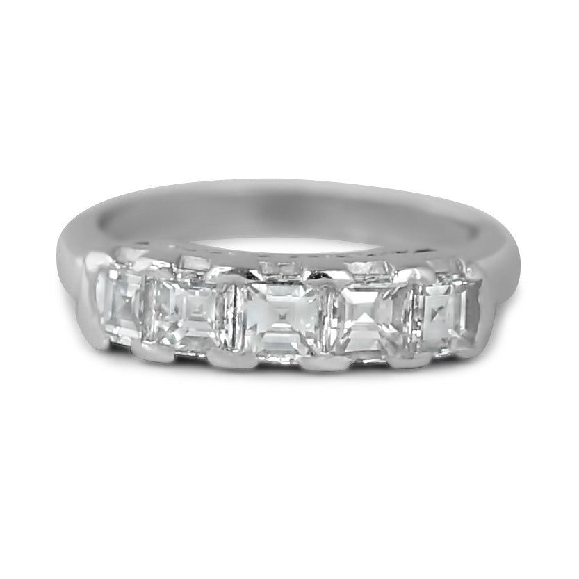 Platinum asscher cut diamond estate wedding band with filigree details on the side view