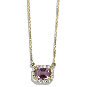 14k yellow gold emerald cut burma pink spinel gemstone necklace with a mathcing white diamond halo under 1000