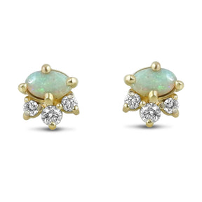 14k yellow gold cabochon cut opal and round brilliant cut diamond stud earrings