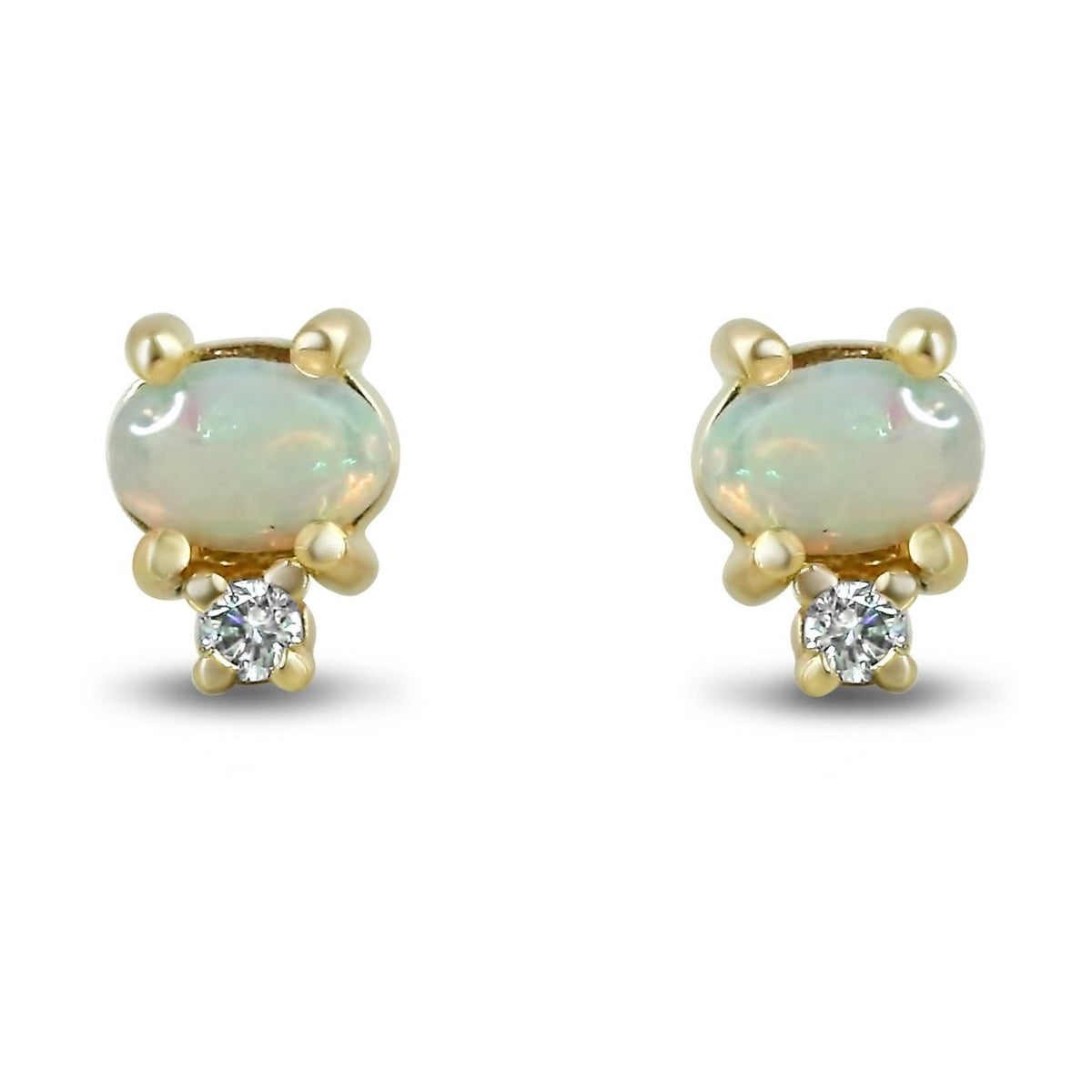 14k yellow gold cabochon cut opal and diamond stud earrings under $1,000