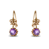 10k yellow gold estate dangle earrings amethyst open back claw prong fleur de lis detailing