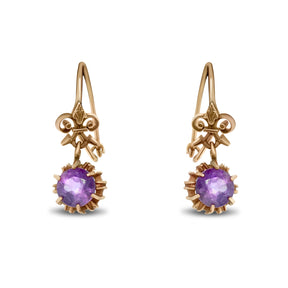 10k yellow gold estate dangle earrings amethyst open back claw prong fleur de lis detailing