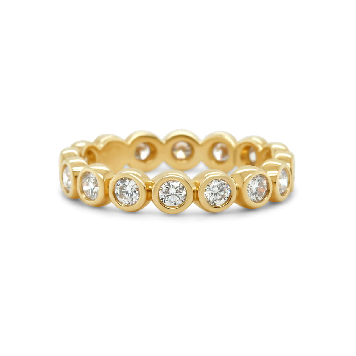14k gold round brilliant cut diamond bezel set eternity wedding band stackable