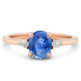 14k rose gold three stone light blue oval sapphire ring with dainty pear diamonds