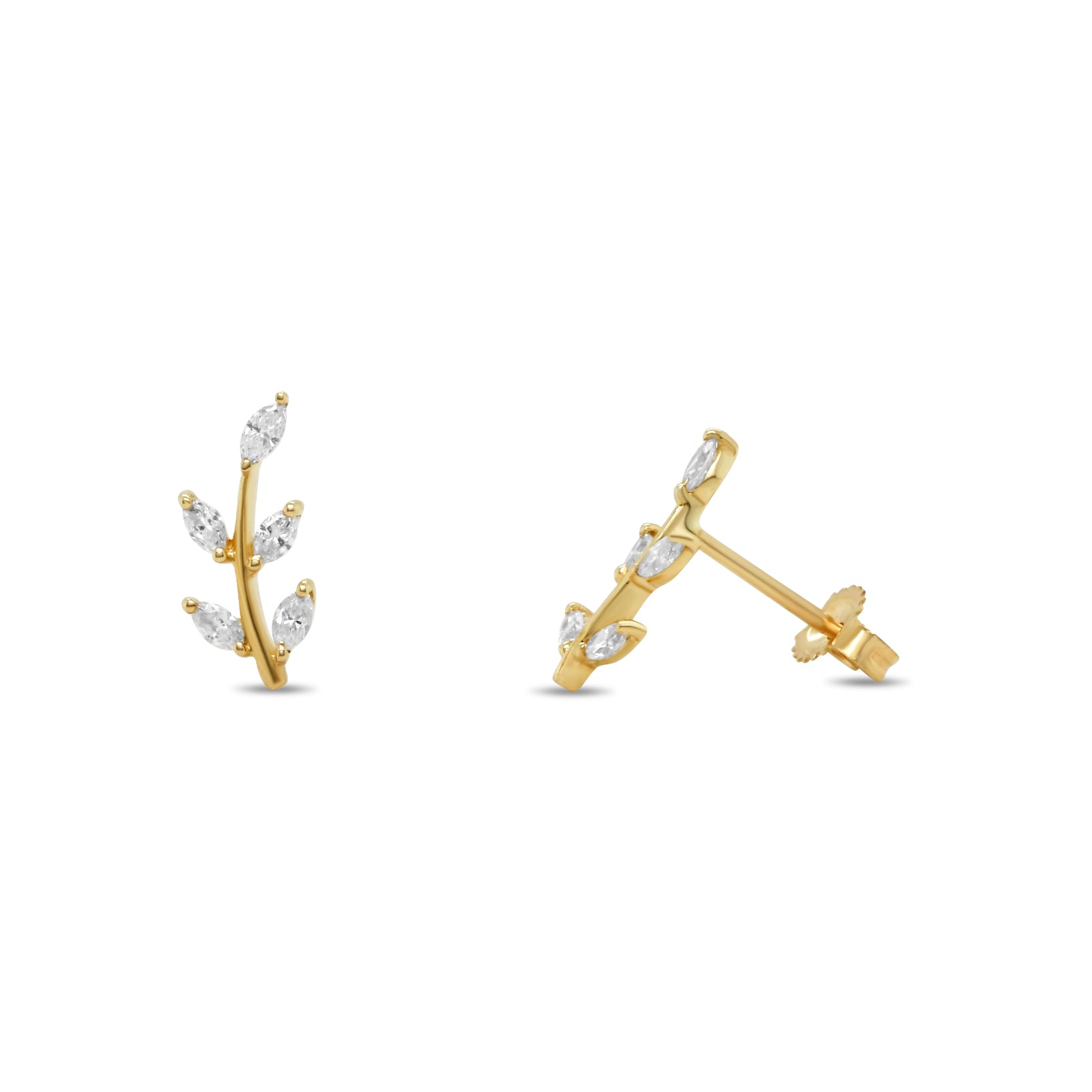 14k yellow gold marquise diamond leafy stud climber earrings