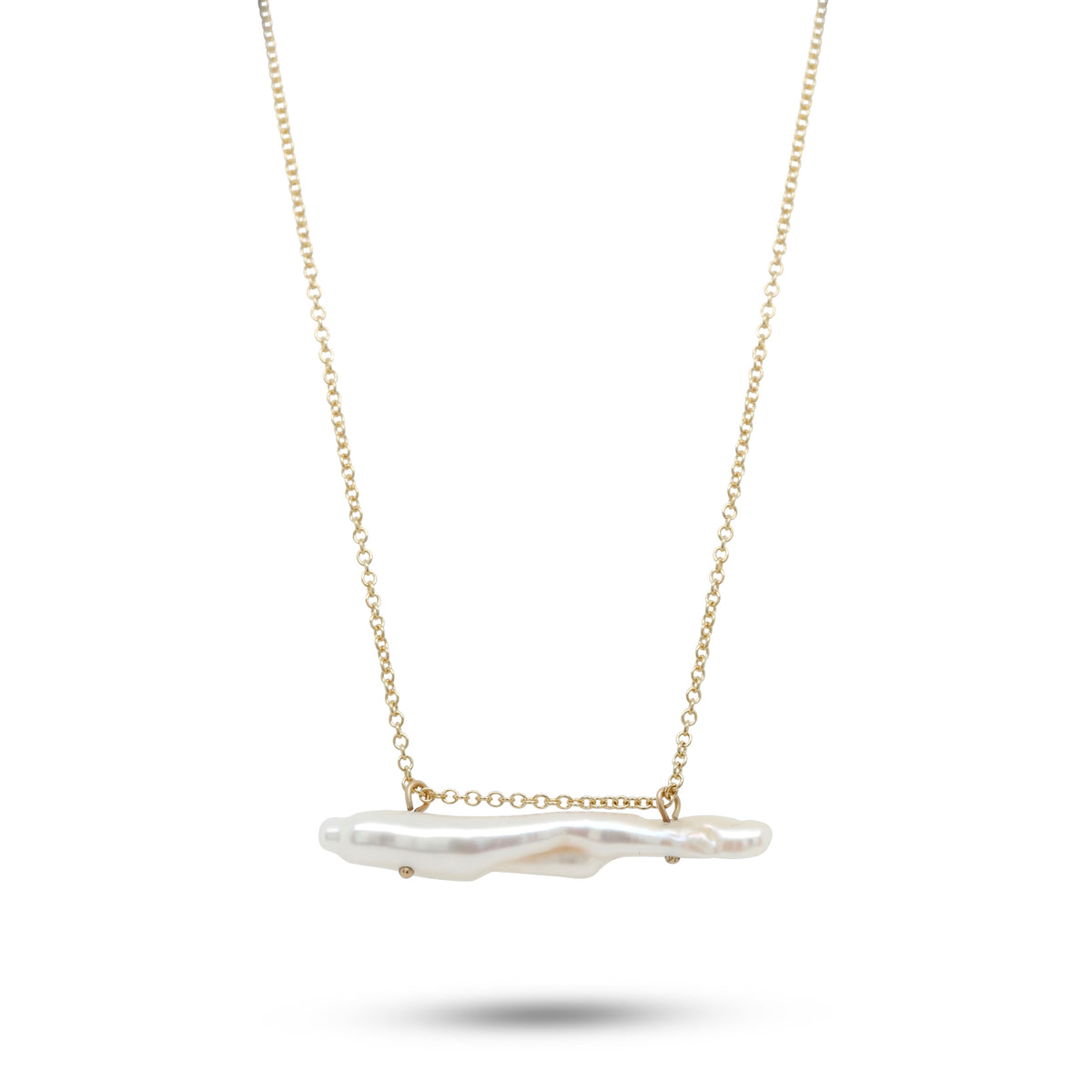 14k yellow gold elongated east to west organic keshi pearl slide pendant necklace