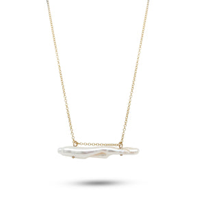 14k yellow gold elongated east to west organic keshi pearl slide pendant necklace