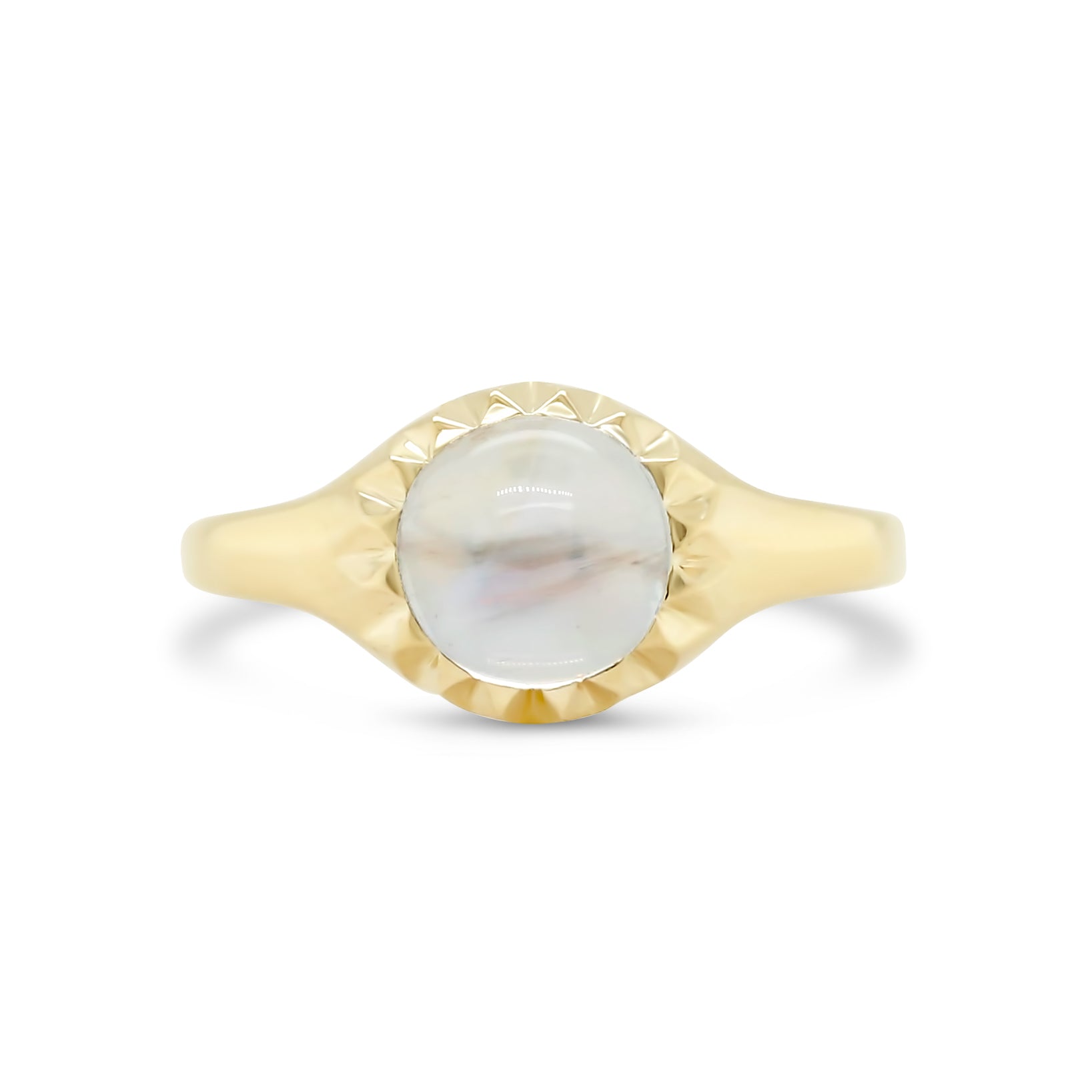 bezel set round cabochon moonstone groove halo detailing 14k yellow gold ring