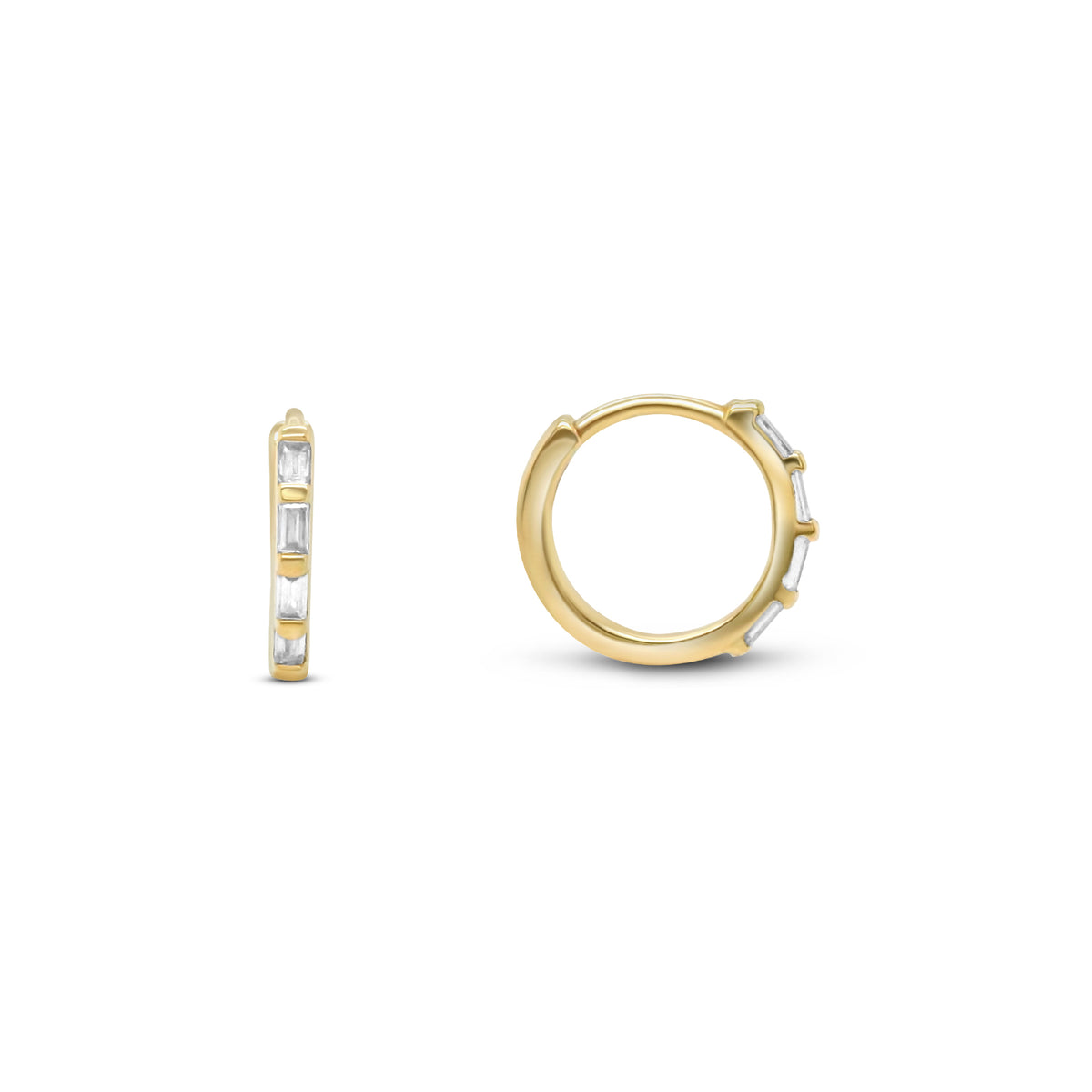 14k yellow gold baguette diamond huggie hoops