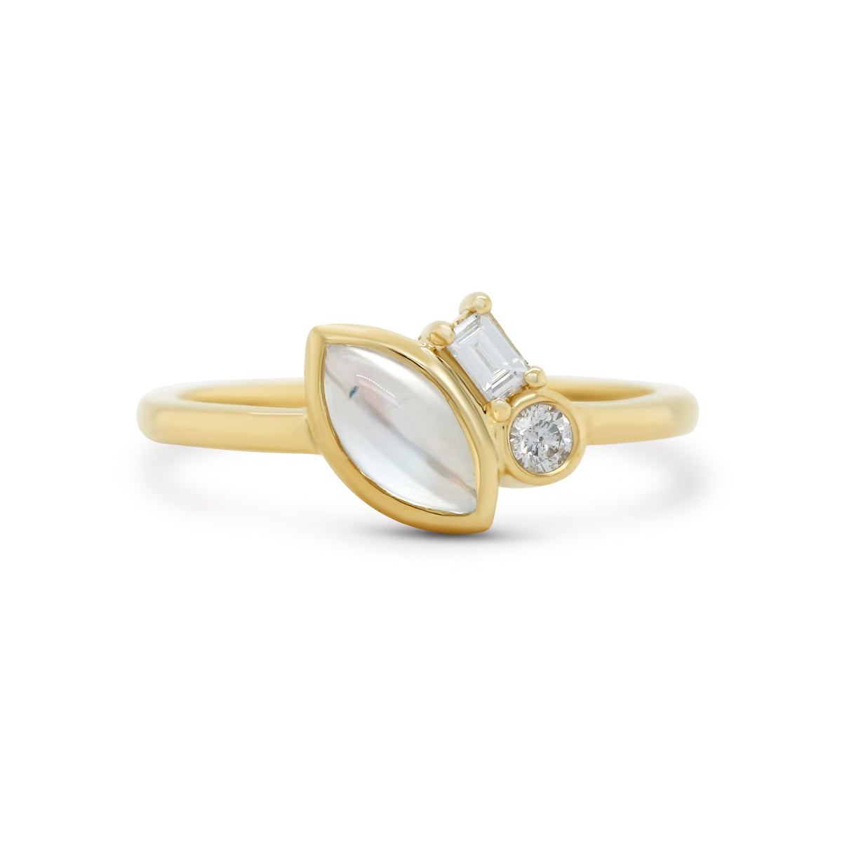 bezel set tilted marquise cut moonstone round baguette diamond accents 14k yellow gold ring